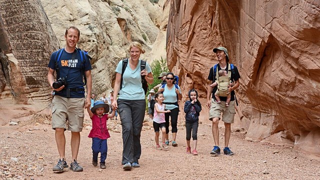 Two young families walking in the park