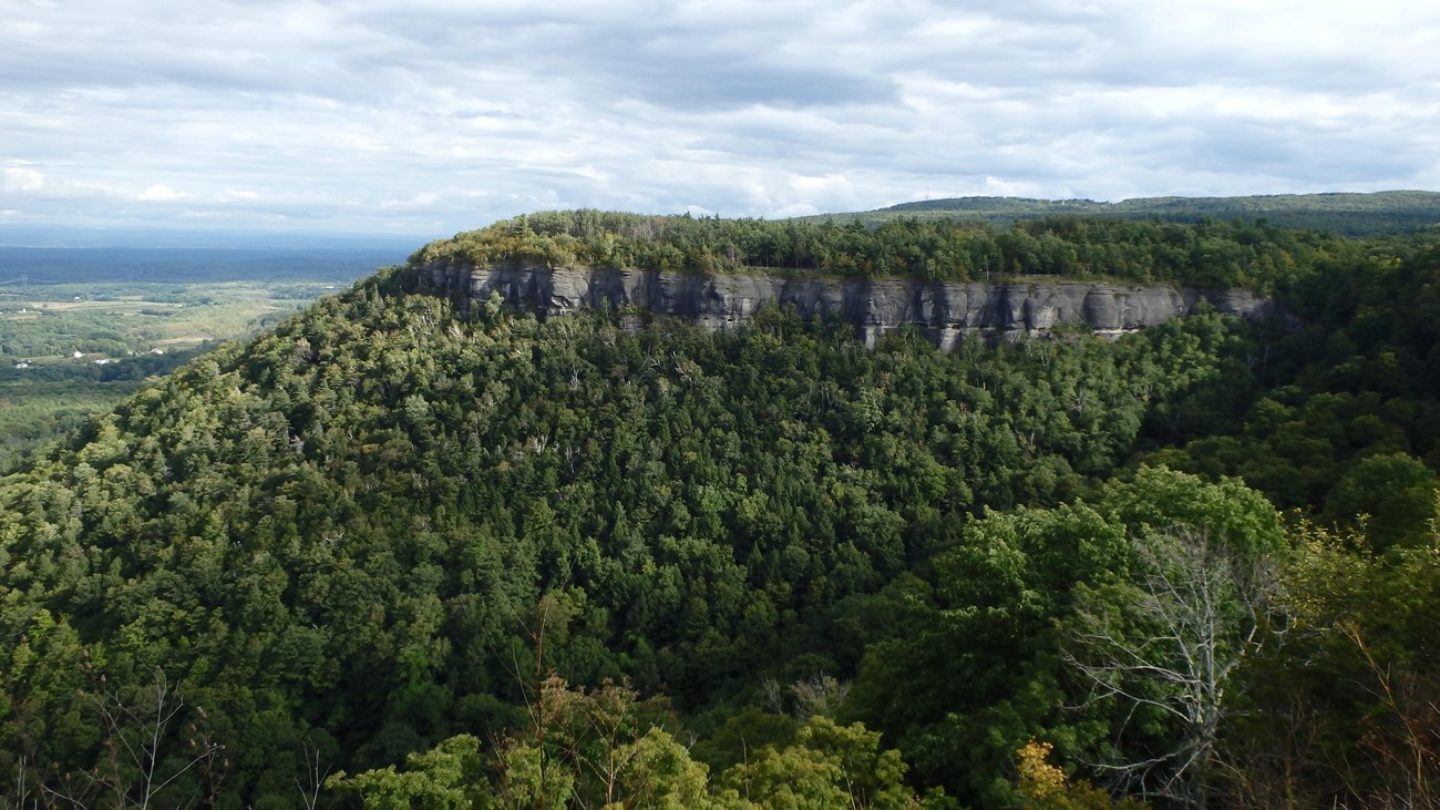 Green forested mountains in foreground with rock cliff and blue sky in background