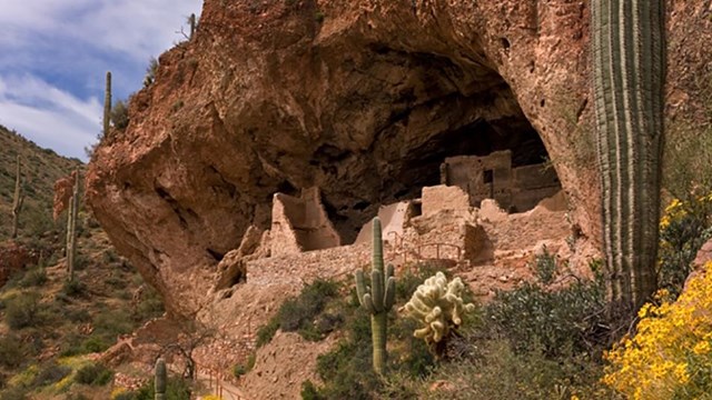 Cliff dwelling in desert landscape