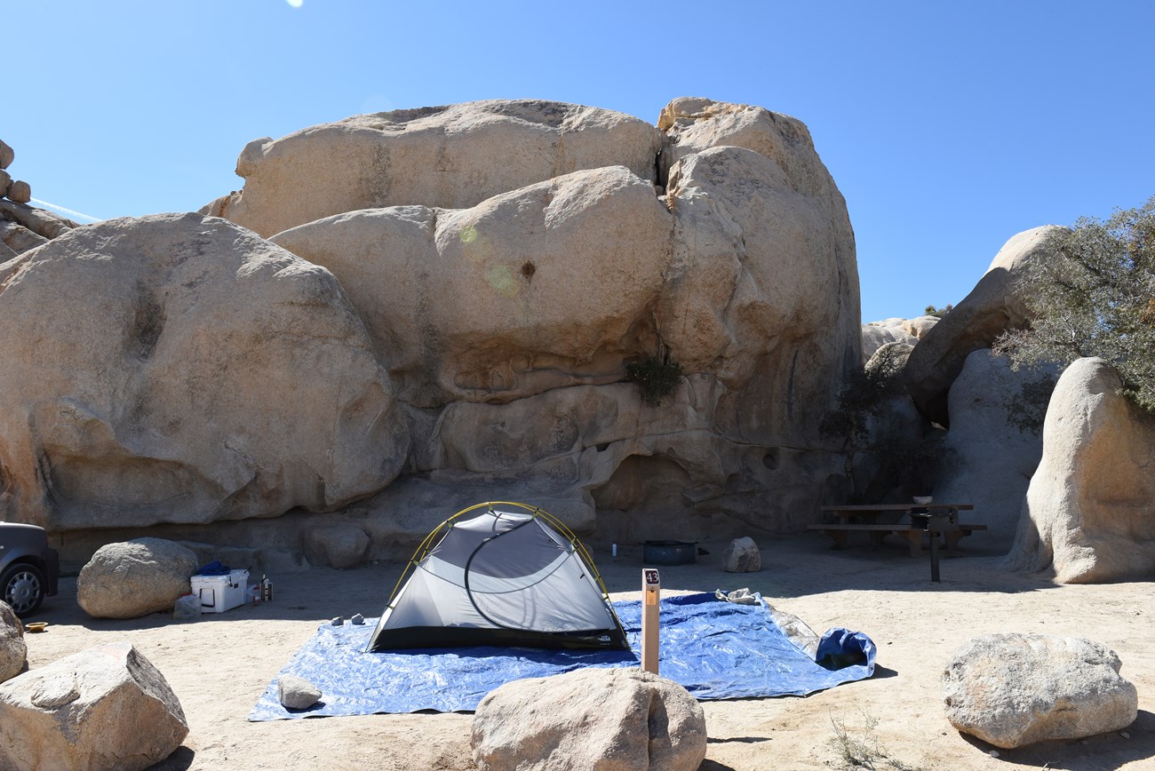 Color photo of a tent site set up in the shadow of a large rock formation. NPS / Hannah Schwalbe