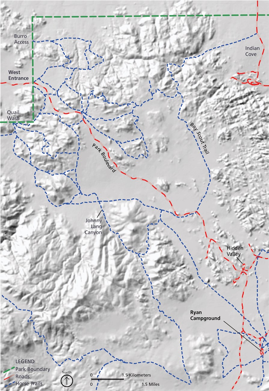 Color map of the interconnected horse trails near west entrance. These trails make large loops and parallel Park Boulevard all the way to Ryan Campground.