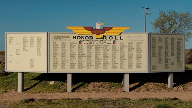 Memorial wall titled "Honor Roll" listing the names of Japanese Americans WWII service members