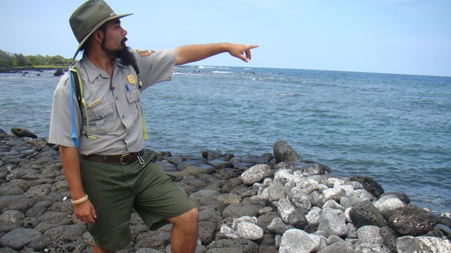 Park ranger pointing towards the ocean while standing on a rocky shoreline
