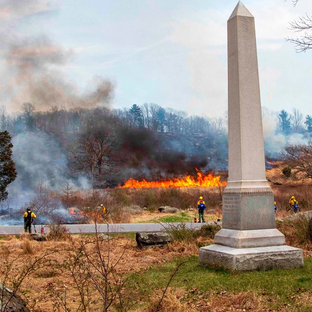 A prescribed burn at a historic battlefield