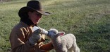 Volunteer feeding lamb at the park.