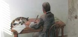 drawing of poe at desk with cat