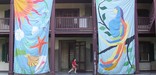 A young boy runs between colorful banners hung on the east porches of Friendship Hill during FestiFall
