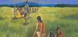A painting of Lewis and Clark meeting three Nez Perce children on the Weippe Prairie