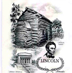 Drawing of symbolic birth cabin, Memorial Building and President Lincoln