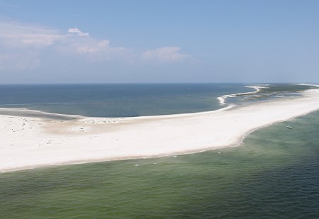 lt= Aerial view of beach at Gulf Islands National Seashore
