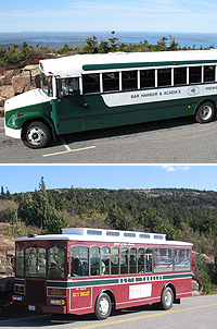Two images of bus and trolley along Park Loop Road