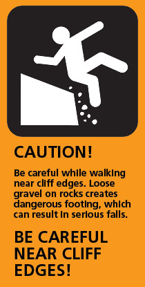 Graphic of falling person with warning: Caution! Be careful near cliff edges.