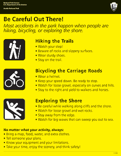 Poster of safety issues: hiking, biking, and walking the shore.