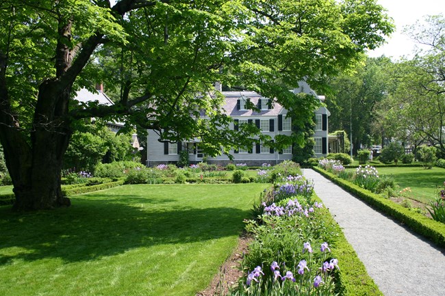 A sunny formal garden with blooming trees and flowers in front of a large grey house, Old House at Peace field