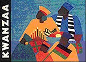 Kwanzaa Commemorative Stamp with 2 African people in colorful robes