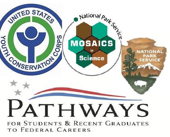 Logos for Youth Conservation Corp; Mosaics in Science; National Park Service, and Pathways.