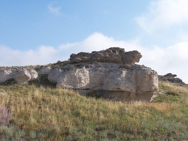 Whitish-gray, irregularly-shaped boulder stretches out over a brown grassy hill. Thin layers of slightly different colors appear across the rock.