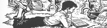 Drawing of young Lincoln reading by firelight