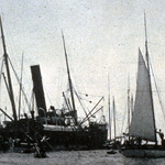 Dozens of small boats help salvage goods from a ship wrecked on Biscayne's reef in 1905.