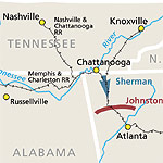 a map depicting shermans troops moving south of Chatanoonga, TN