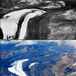 two images of one glacier, taken 50 years apart and showing significant shrinking of it