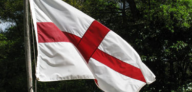 The colors of England (red cross on white field) flying at the restored fort at Fort Raleigh