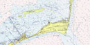 A navigational chart showing Cape Hatteras and Diamond Shoals A navigational chart showing Cape Hatteras and Diamond Shoals