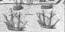 An old engraving shows Spanish Ships landing on a foreign coast An old engraving shows Spanish Ships landing on a foreign coast