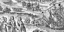 Old engraving showing supplies being landed from a Spanish galleon Old engraving showing supplies being landed from a Spanish galleon