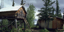 Two rustic cabins surrounded by trees. The large one sits on the ground and the small one sits on stilts to protect stored food from animals Two rustic cabins surrounded by trees. The large one sits on the ground and the small one sits on stilts to protect stored food from animals