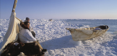 Image of the Hopson 1 whaling crew waiting patiently at the open lead for a bowhead whale, May 2002. Photo provided by Luciana Whitaker.