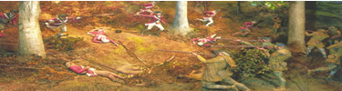 Loyalists in Red Coats charging with Bayonets towards Patriot soldiers firing long rifles