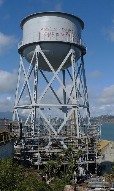 Alcatraz water tower with most of the scaffolding removed after its restoration