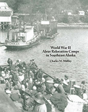 cover of Mobley's book, showing small boat packed with Aleut evacuees