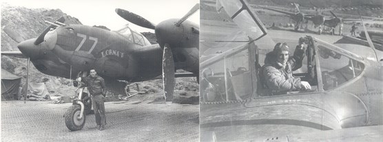 Two photos of Lt. John Geddes and his Lockheed P-38 Lightning, the "Lorna D."