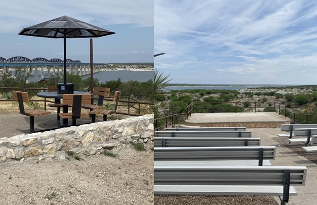 Image left is shaded table with view of lake and railroad bridge; right is outdoor amphitheater.