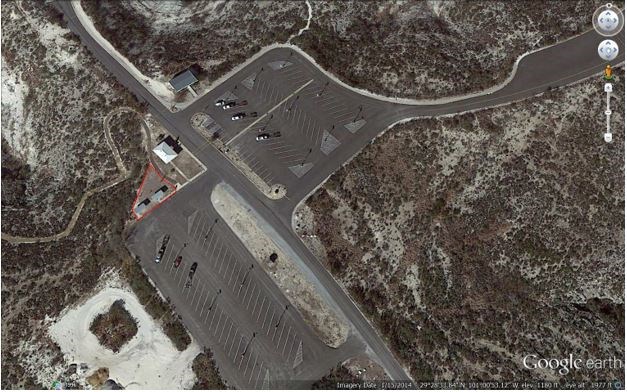 Aerial photo of Diablo East parking areas with designated demonstration area outlined in red. It is above the largest parking area.