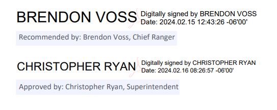 Signatures of Chief Ranger Brendon Voss recommending these actions and of Superintendent Christopher Ryan approving them on February 15, 2024.