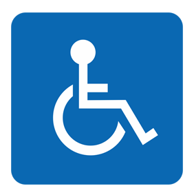 International Symbold of Access (white stick figure in wheelchair) on a Blue Background