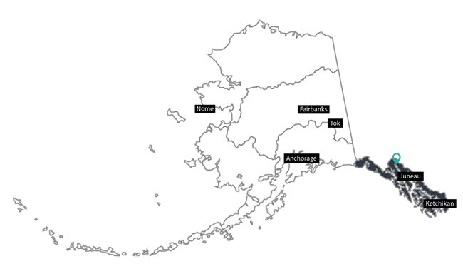 Map of Alaska with bottom right most section highlighted.
