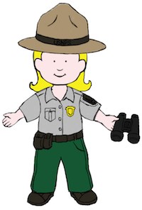 A colored drawing of a park ranger,  she is holding binoculars.