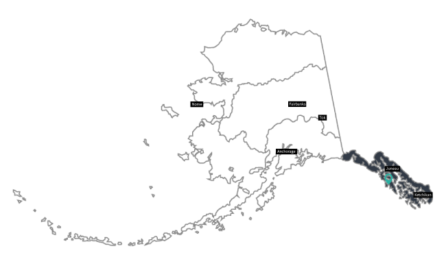 Map of Alaska with bottom right most section highlighted.