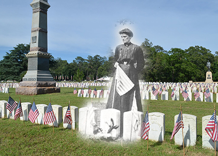 Historic photo of woman standing at grave blendind with modern image of cemetery
