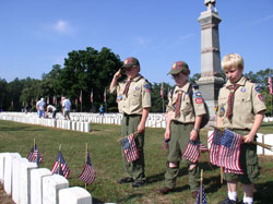 Boy Scouts saluting flags in the national cemetery