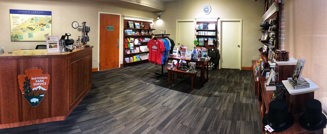 A view of the visitor center desk and Eastern bookstore