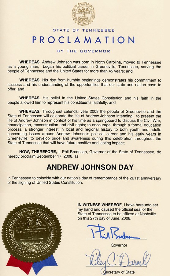 Andrew Johnson Day Proclamation