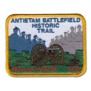 Scout Patch with cannon, Civil War soldier silhouettes, and text that reads Antietam Battlefield Historic Trail