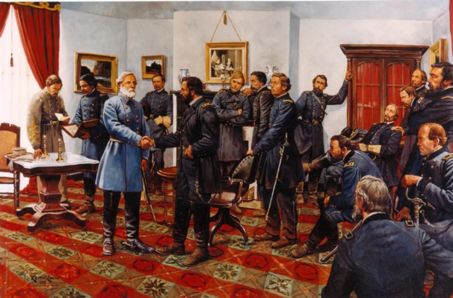 "The Surrender" by Keith Rocco shows the known officers that were present for at least a portion of the meeting in the McLean Parlor, April 9, 1865.