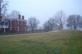 The village of Appomattox Court House on a fogging morning.
