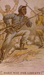 Lithograph of a United States Colored Soldier with drawn bayonet